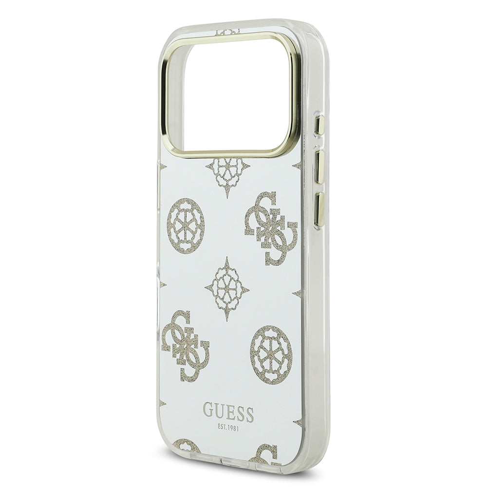Apple iPhone 17 Pro Max Kılıf M-Safe Şarj Özellikli Guess Metal Kamera Çerçeveli Peony Simli Aynalı Kapak Gold