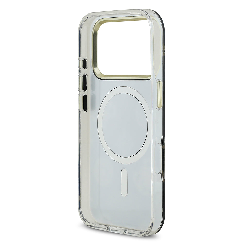Apple iPhone 17 Pro Max Kılıf M-Safe Şarj Özellikli Guess Metal Kamera Çerçeveli Peony Simli Aynalı Kapak Gold