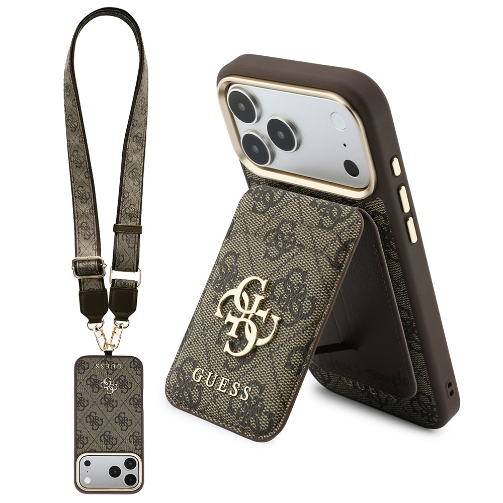 Apple iPhone 18 Pro Guess 4G ve Yazı Logolu Kılıf & Kartlık & Kalın Askı İpli 3in1 Aksesuar Seti Kahverengi