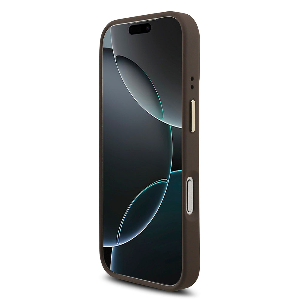 Apple iPhone 18 Pro Kılıf Guess 4G Büyük Metal Logolu ve Kalın Askılı 2in1 Set Kahverengi