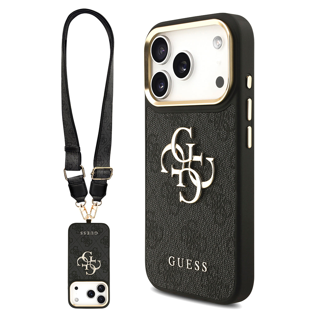 Apple iPhone 18 Pro Kılıf Guess 4G Büyük Metal Logolu ve Kalın Askılı 2in1 Set Siyah
