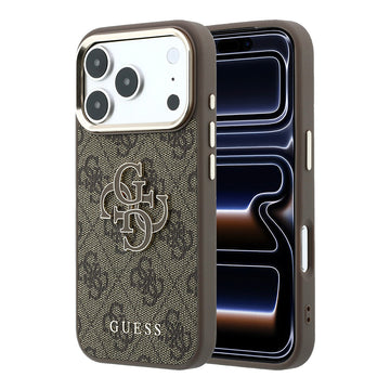 Apple iPhone 18 Pro Kılıf Guess 4G Büyük Resin ve Yazı Logolu PU Kapak Kahverengi