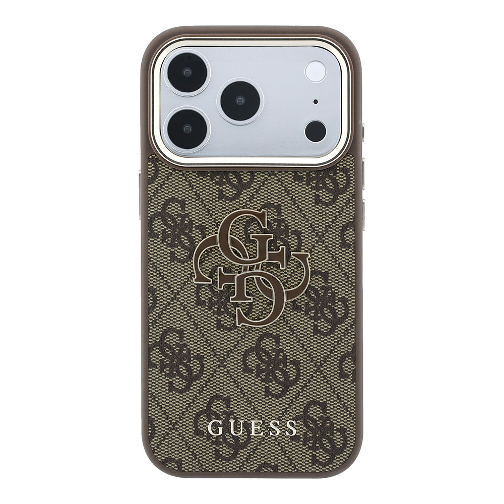 Apple iPhone 18 Pro Kılıf Guess 4G Büyük Resin ve Yazı Logolu PU Kapak Kahverengi