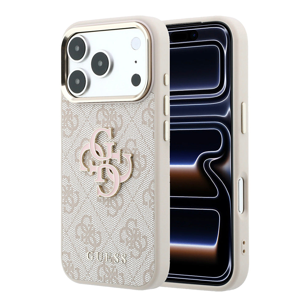 Apple iPhone 18 Pro Kılıf Guess 4G Büyük Resin ve Yazı Logolu PU Kapak Pembe