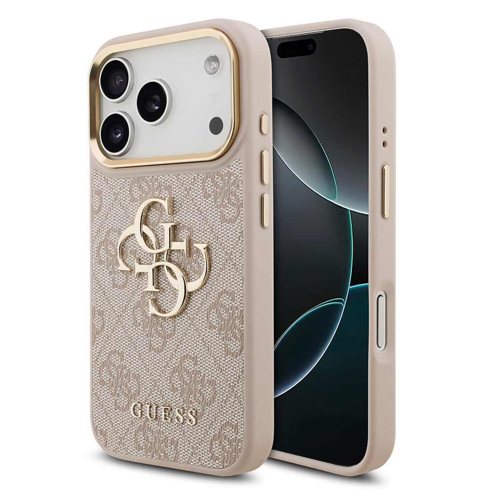 Apple iPhone 18 Pro Kılıf Guess Gold Metal Kamera Çerçeveli 4G Desenli Metal Büyük 4G ve Yazı Logolu Kapak Pembe