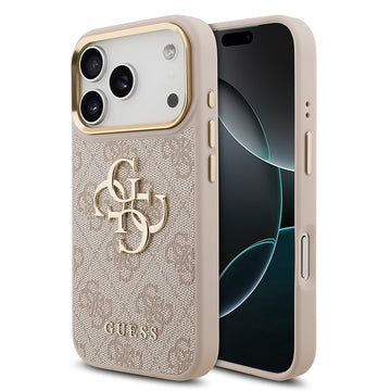 Apple iPhone 18 Pro Kılıf Guess Gold Metal Kamera Çerçeveli 4G Desenli Metal Büyük 4G ve Yazı Logolu Kapak Pembe