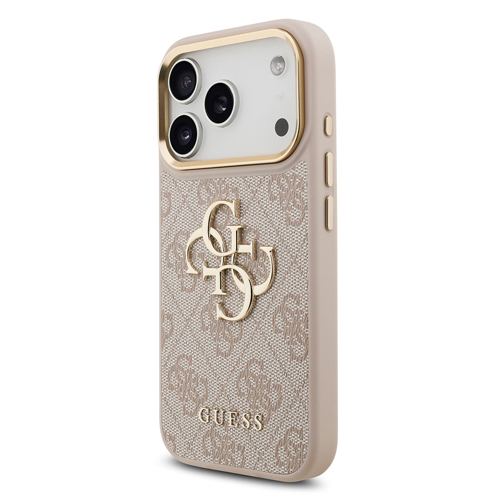 Apple iPhone 18 Pro Kılıf Guess Gold Metal Kamera Çerçeveli 4G Desenli Metal Büyük 4G ve Yazı Logolu Kapak Pembe
