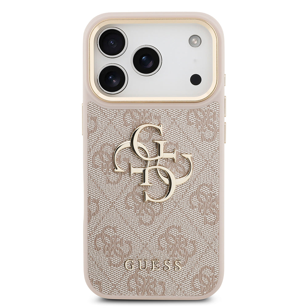 Apple iPhone 18 Pro Kılıf Guess Gold Metal Kamera Çerçeveli 4G Desenli Metal Büyük 4G ve Yazı Logolu Kapak Pembe