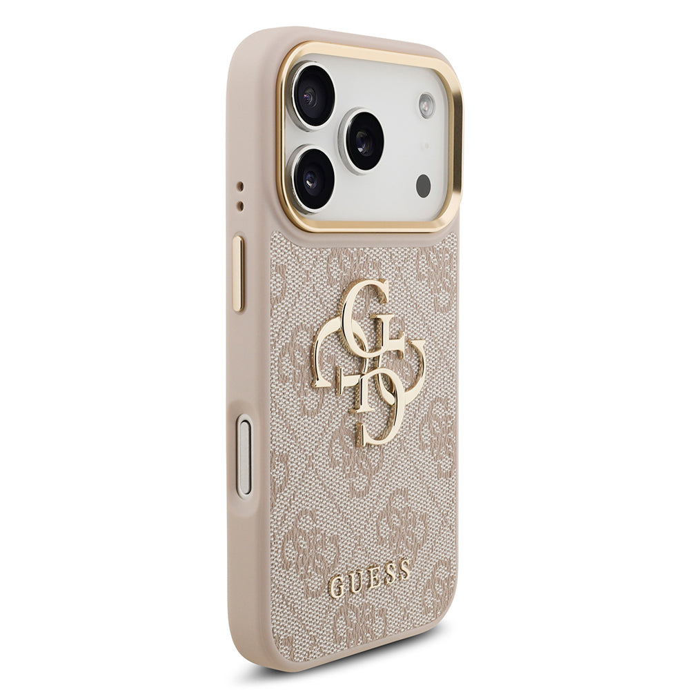 Apple iPhone 18 Pro Kılıf Guess Gold Metal Kamera Çerçeveli 4G Desenli Metal Büyük 4G ve Yazı Logolu Kapak Pembe
