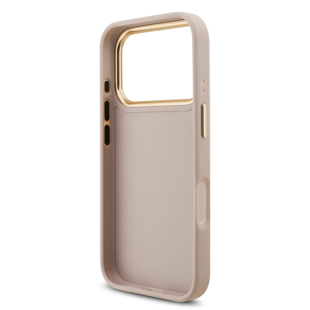 Apple iPhone 18 Pro Kılıf Guess Gold Metal Kamera Çerçeveli 4G Desenli Metal Büyük 4G ve Yazı Logolu Kapak Pembe
