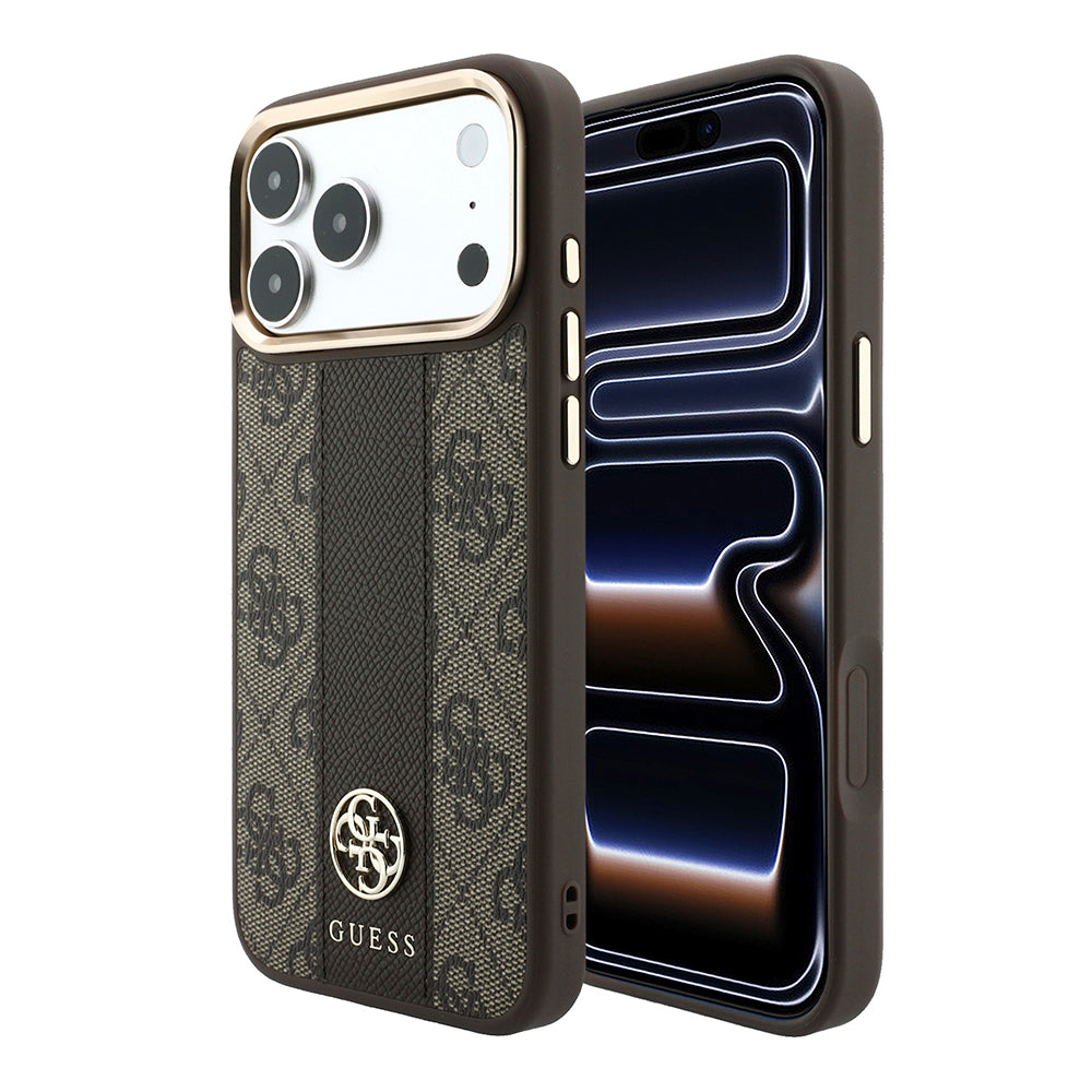 Apple iPhone 18 Pro Kılıf Guess M-safe Şarj Özellikli 4G Desenli Şeritli Yazı Logolu Kapak Kahverengi