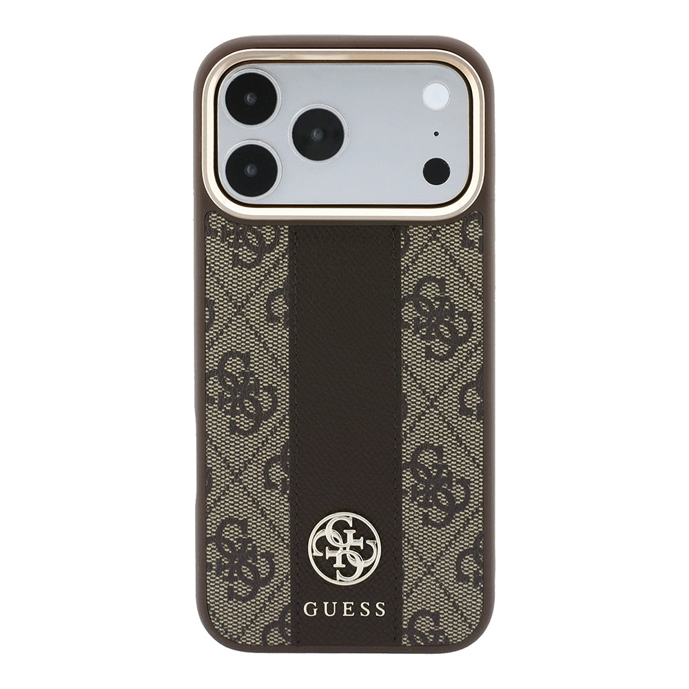 Apple iPhone 18 Pro Kılıf Guess M-safe Şarj Özellikli 4G Desenli Şeritli Yazı Logolu Kapak Kahverengi