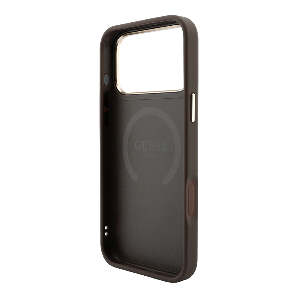 Apple iPhone 18 Pro Kılıf Guess M-safe Şarj Özellikli 4G Desenli Şeritli Yazı Logolu Kapak Kahverengi