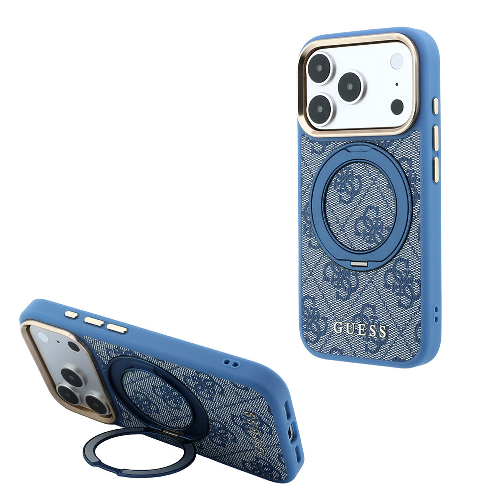 Apple iPhone 18 Pro Max Kılıf Guess M-safe Uyumlu 360 Dönebilen Standlı 4G Desenli Klasik Yazı Logolu Kapak Mavi
