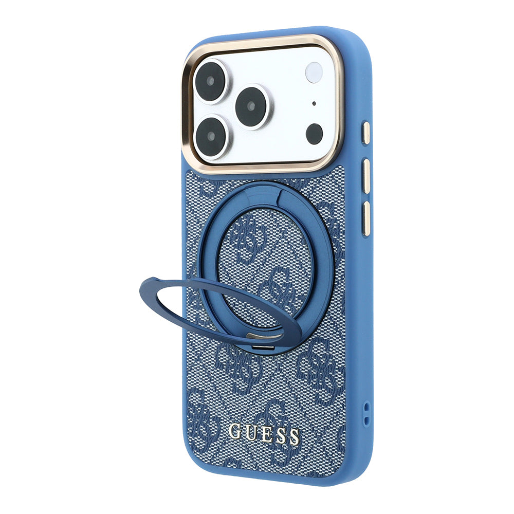 Apple iPhone 18 Pro Max Kılıf Guess M-safe Uyumlu 360 Dönebilen Standlı 4G Desenli Klasik Yazı Logolu Kapak Mavi