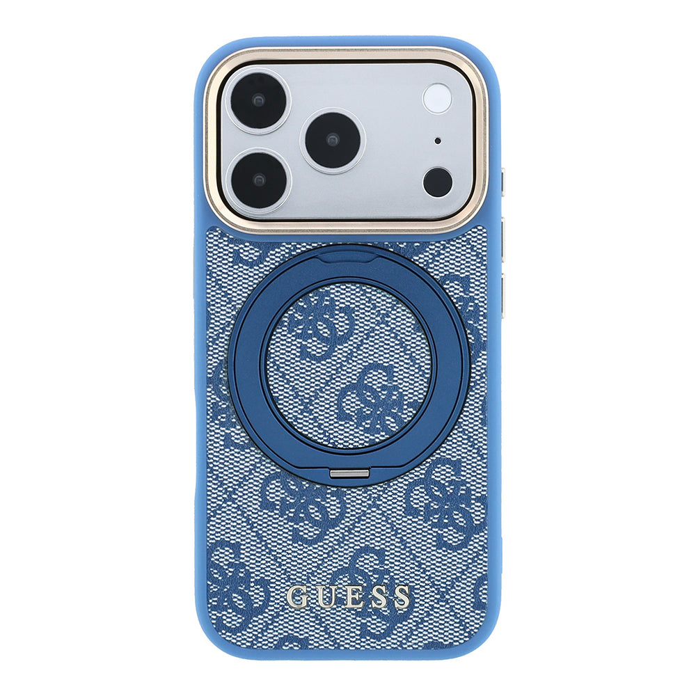 Apple iPhone 18 Pro Max Kılıf Guess M-safe Uyumlu 360 Dönebilen Standlı 4G Desenli Klasik Yazı Logolu Kapak Mavi