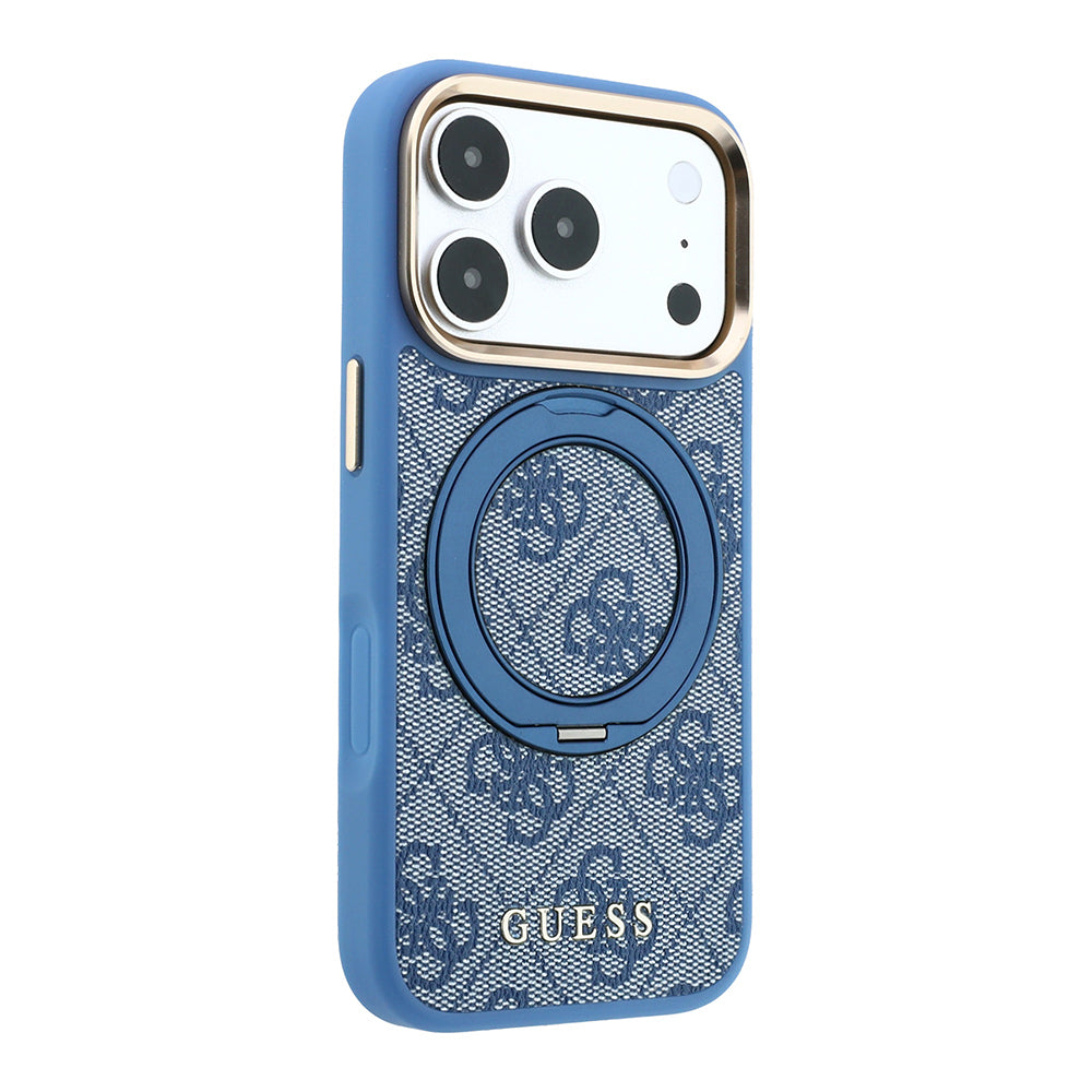 Apple iPhone 18 Pro Max Kılıf Guess M-safe Uyumlu 360 Dönebilen Standlı 4G Desenli Klasik Yazı Logolu Kapak Mavi