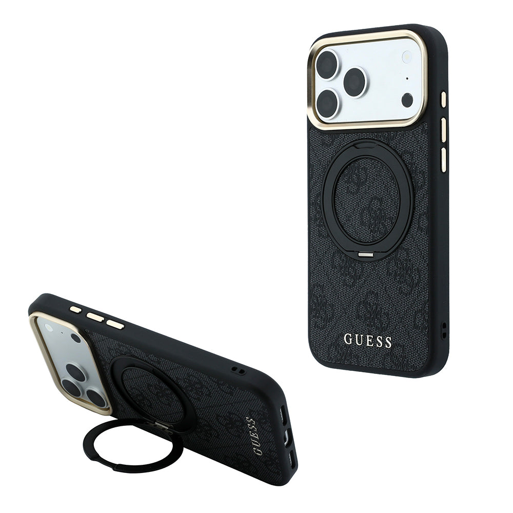 Apple iPhone 18 Pro Kılıf Guess M-safe Uyumlu 360 Dönebilen Standlı 4G Desenli Klasik Yazı Logolu Kapak Siyah