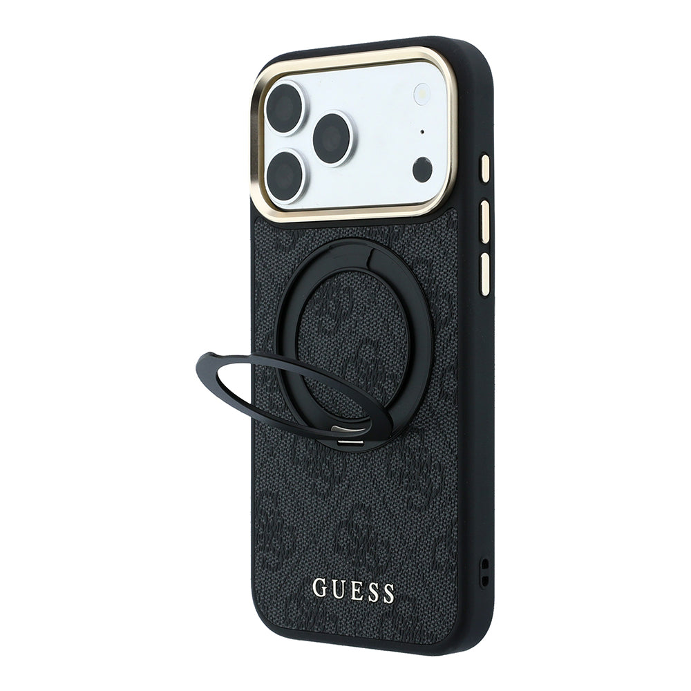 Apple iPhone 18 Pro Kılıf Guess M-safe Uyumlu 360 Dönebilen Standlı 4G Desenli Klasik Yazı Logolu Kapak Siyah