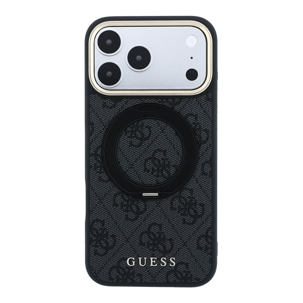 Apple iPhone 18 Pro Kılıf Guess M-safe Uyumlu 360 Dönebilen Standlı 4G Desenli Klasik Yazı Logolu Kapak Siyah