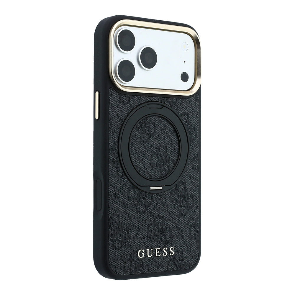 Apple iPhone 18 Pro Kılıf Guess M-safe Uyumlu 360 Dönebilen Standlı 4G Desenli Klasik Yazı Logolu Kapak Siyah