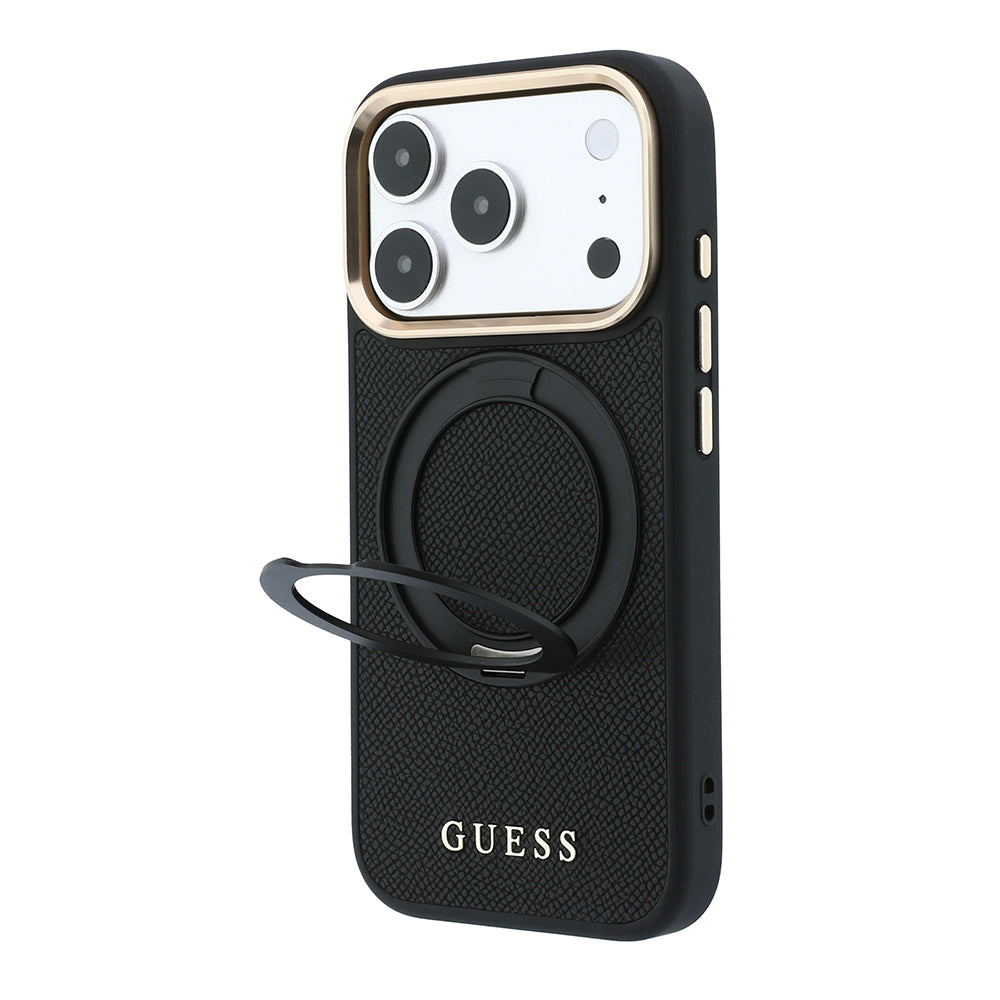Apple iPhone 18 Pro Kılıf Guess M-safe Uyumlu 360 Dönebilen Standlı PU Klasik Metal Yazı Logolu Kapak Siyah