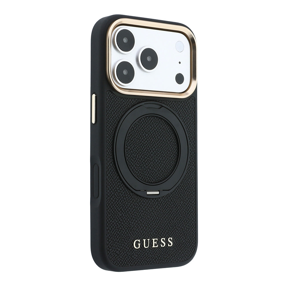 Apple iPhone 18 Pro Kılıf Guess M-safe Uyumlu 360 Dönebilen Standlı PU Klasik Metal Yazı Logolu Kapak Siyah
