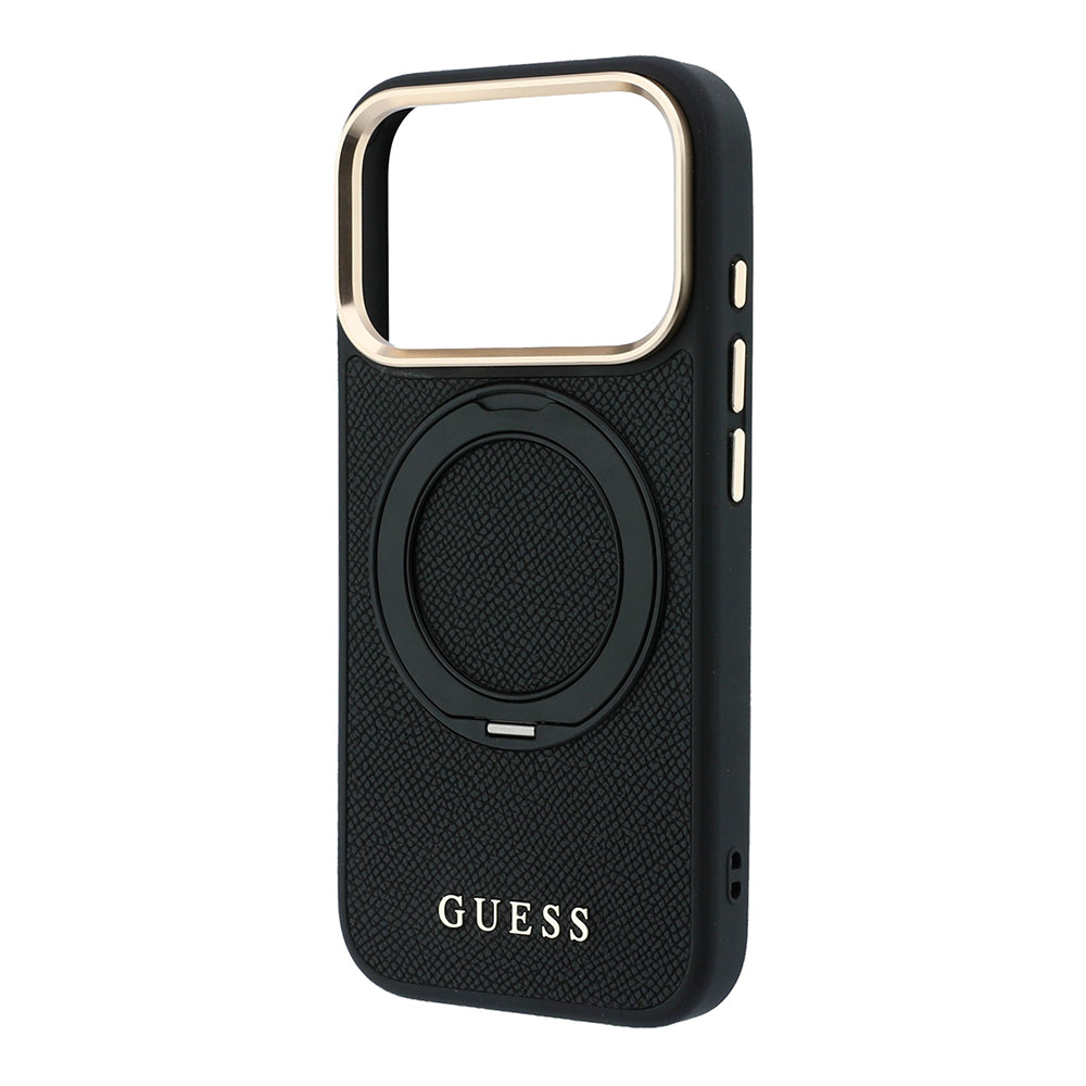 Apple iPhone 18 Pro Kılıf Guess M-safe Uyumlu 360 Dönebilen Standlı PU Klasik Metal Yazı Logolu Kapak Siyah