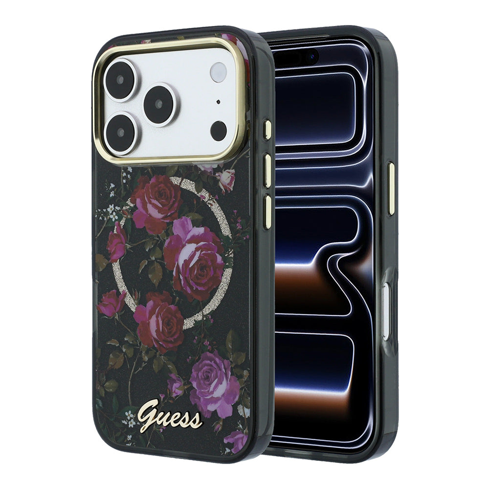 Apple iPhone 18 Pro Kılıf Guess M-safe Uyumlu Gül Desenli Simli Yazı Logolu Kapak Siyah