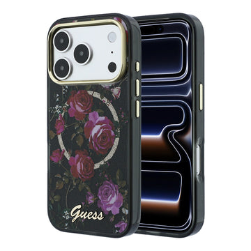 Apple iPhone 18 Pro Kılıf Guess M-safe Uyumlu Gül Desenli Simli Yazı Logolu Kapak Siyah