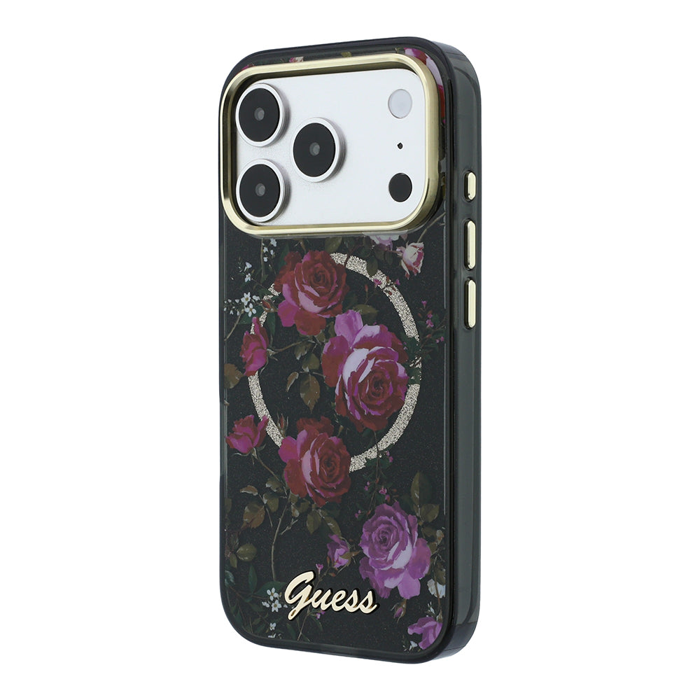 Apple iPhone 18 Pro Kılıf Guess M-safe Uyumlu Gül Desenli Simli Yazı Logolu Kapak Siyah