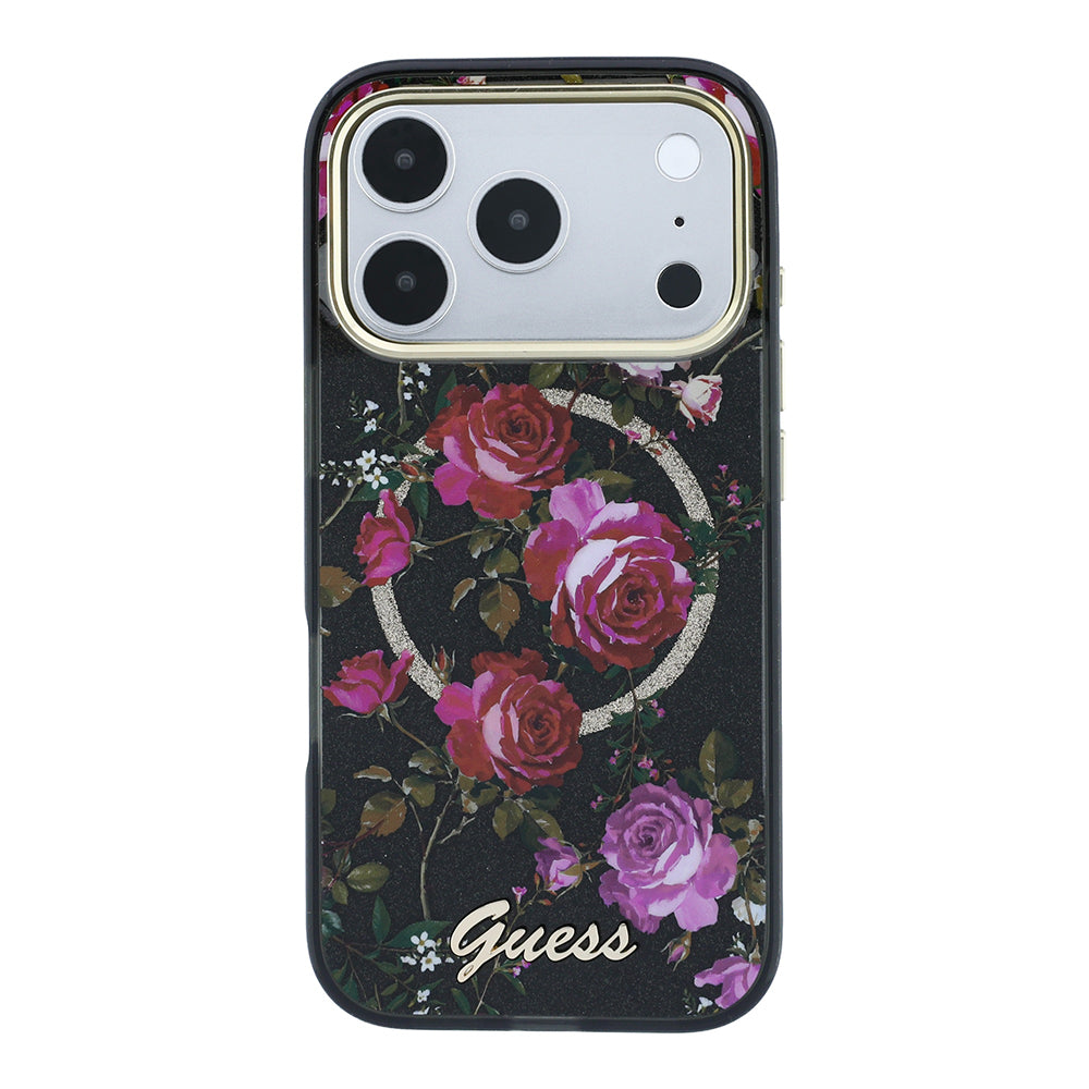 Apple iPhone 18 Pro Kılıf Guess M-safe Uyumlu Gül Desenli Simli Yazı Logolu Kapak Siyah
