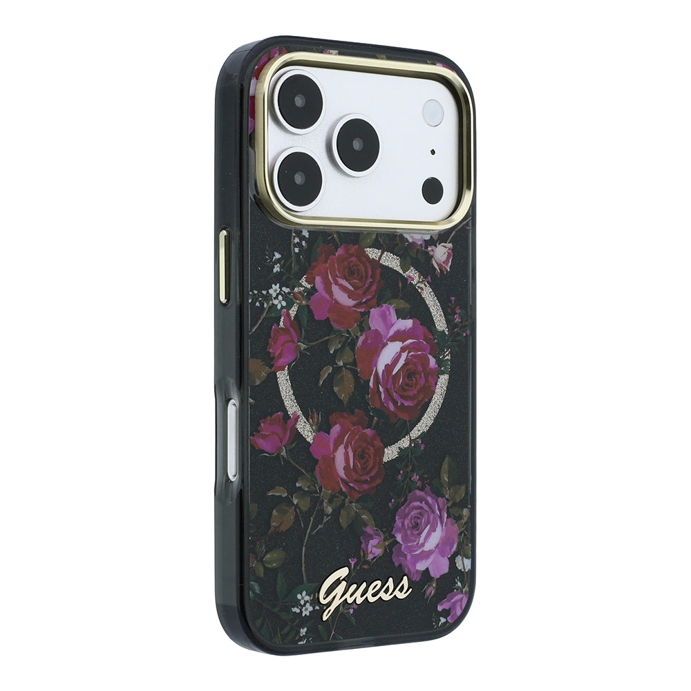 Apple iPhone 18 Pro Kılıf Guess M-safe Uyumlu Gül Desenli Simli Yazı Logolu Kapak Siyah