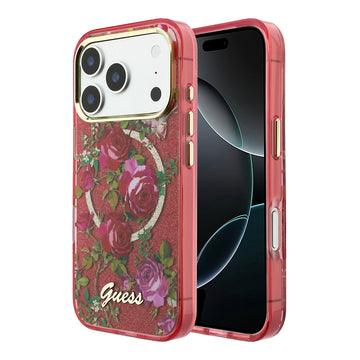 Apple iPhone 18 Pro Kılıf Guess M-safe Uyumlu Gül Desenli Simli Yazı Logolu Kapak Bordo