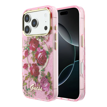 Apple iPhone 18 Pro Kılıf Guess M-safe Uyumlu Gül Desenli Simli Yazı Logolu Kapak Pembe