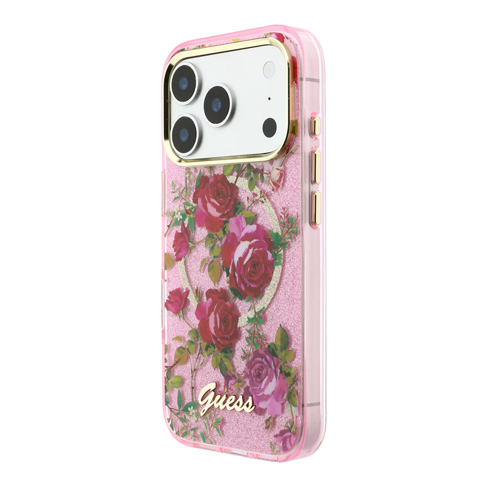 Apple iPhone 18 Pro Kılıf Guess M-safe Uyumlu Gül Desenli Simli Yazı Logolu Kapak Pembe