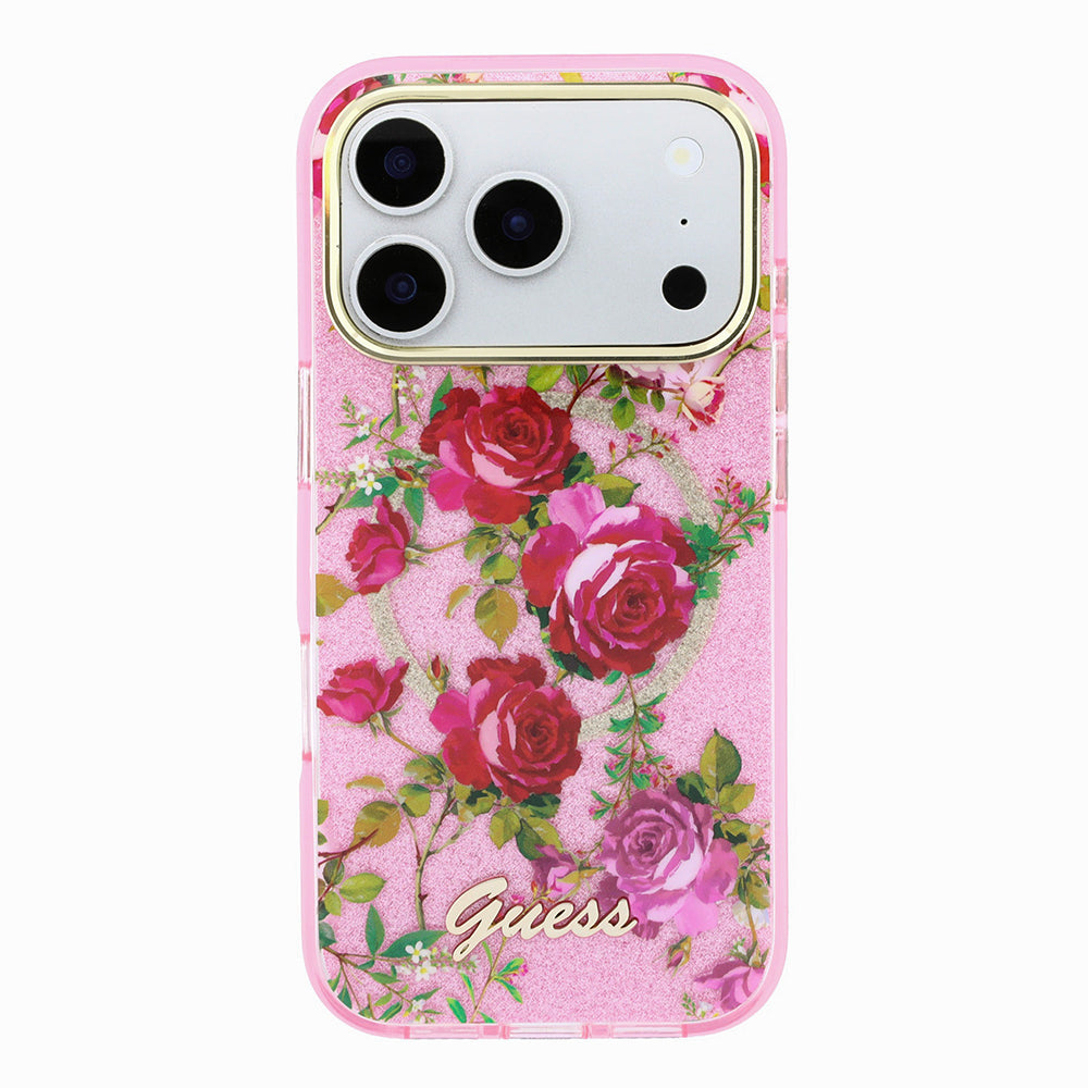 Apple iPhone 18 Pro Kılıf Guess M-safe Uyumlu Gül Desenli Simli Yazı Logolu Kapak Pembe