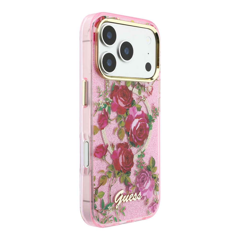 Apple iPhone 18 Pro Kılıf Guess M-safe Uyumlu Gül Desenli Simli Yazı Logolu Kapak Pembe