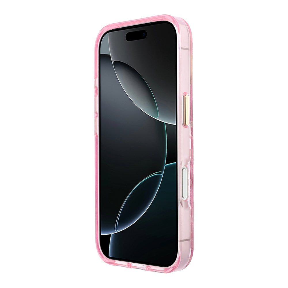 Apple iPhone 18 Pro Kılıf Guess M-safe Uyumlu Gül Desenli Simli Yazı Logolu Kapak Pembe