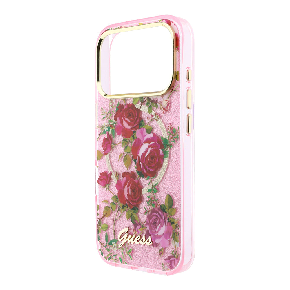 Apple iPhone 18 Pro Kılıf Guess M-safe Uyumlu Gül Desenli Simli Yazı Logolu Kapak Pembe
