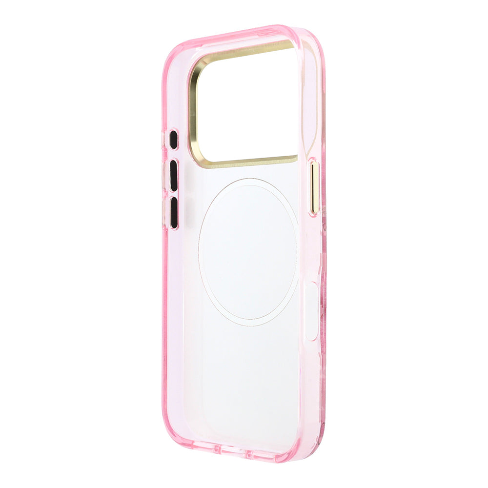 Apple iPhone 18 Pro Kılıf Guess M-safe Uyumlu Gül Desenli Simli Yazı Logolu Kapak Pembe