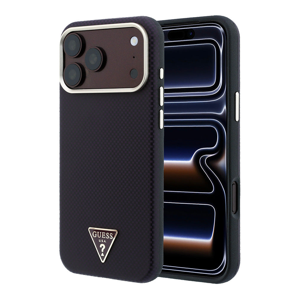 Apple iPhone 18 Pro Kılıf Guess M-safe Uyumlu Metal Üçgen Logolu Karbon Fiber Kevlar Kapak Bordo