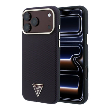 Apple iPhone 18 Pro Kılıf Guess M-safe Uyumlu Metal Üçgen Logolu Karbon Fiber Kevlar Kapak Bordo