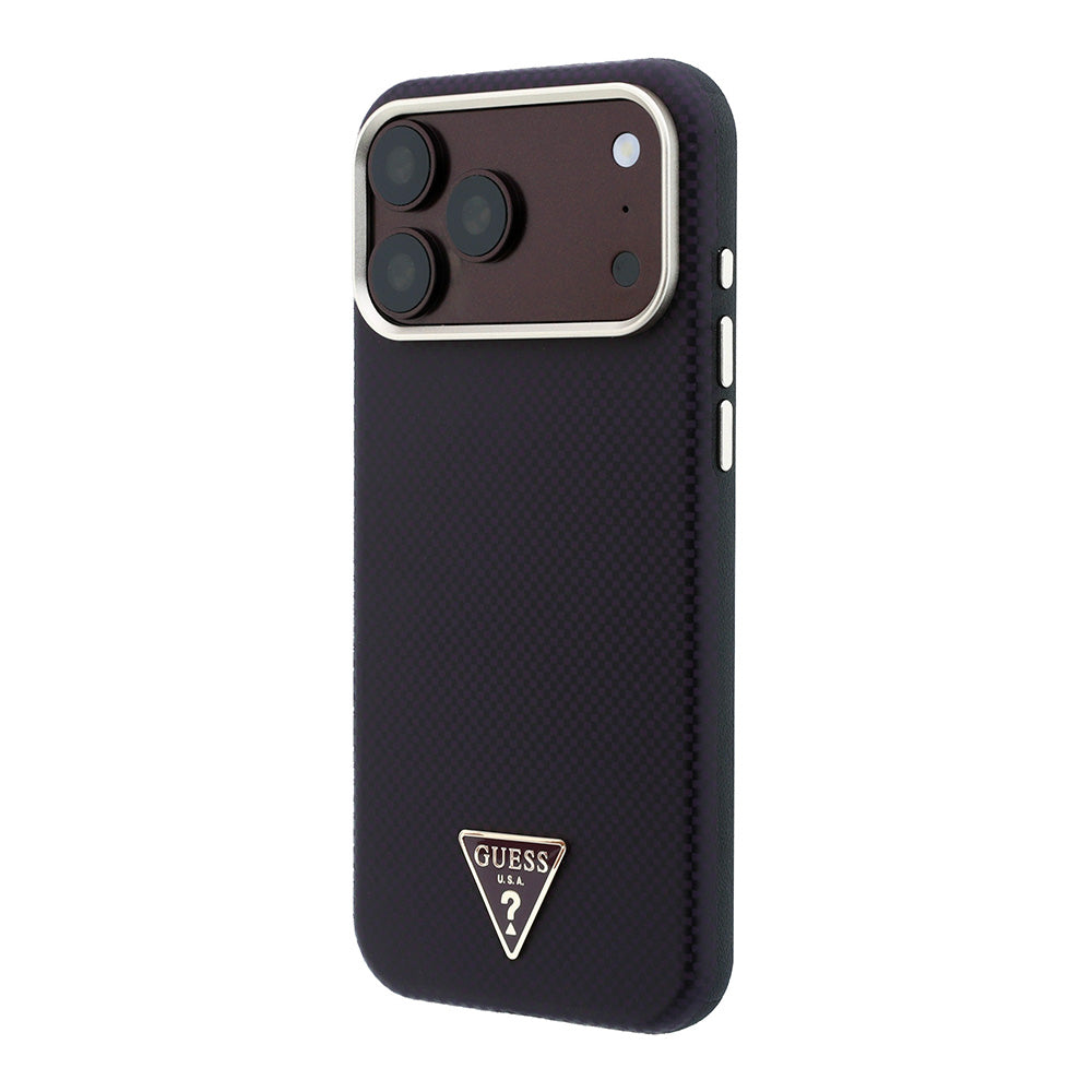 Apple iPhone 18 Pro Kılıf Guess M-safe Uyumlu Metal Üçgen Logolu Karbon Fiber Kevlar Kapak Bordo