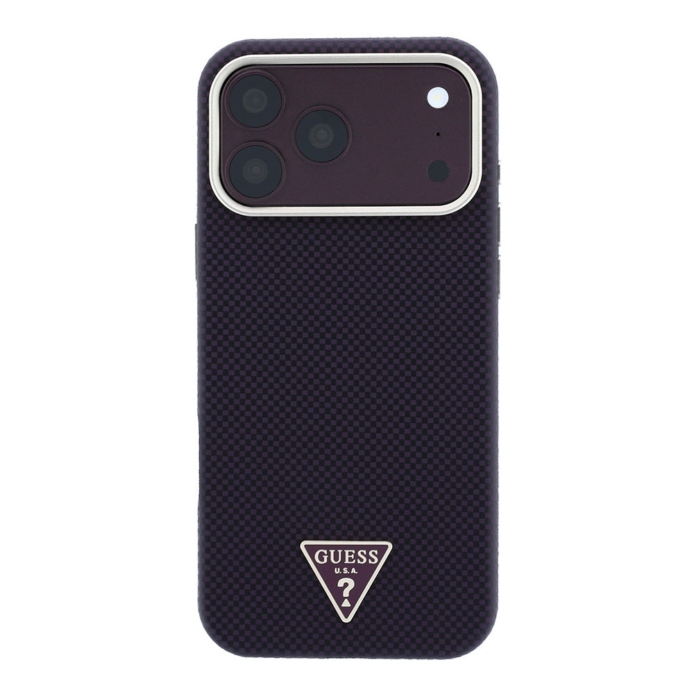 Apple iPhone 18 Pro Kılıf Guess M-safe Uyumlu Metal Üçgen Logolu Karbon Fiber Kevlar Kapak Bordo