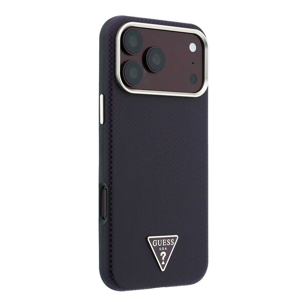Apple iPhone 18 Pro Kılıf Guess M-safe Uyumlu Metal Üçgen Logolu Karbon Fiber Kevlar Kapak Bordo