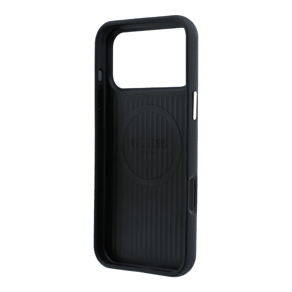 Apple iPhone 18 Pro Kılıf Guess M-safe Uyumlu Metal Üçgen Logolu Karbon Fiber Kevlar Kapak Bordo