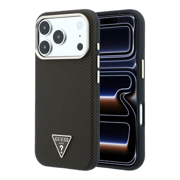Apple iPhone 18 Pro Kılıf Guess M-safe Uyumlu Metal Üçgen Logolu Karbon Fiber Kevlar Kapak Kahverengi