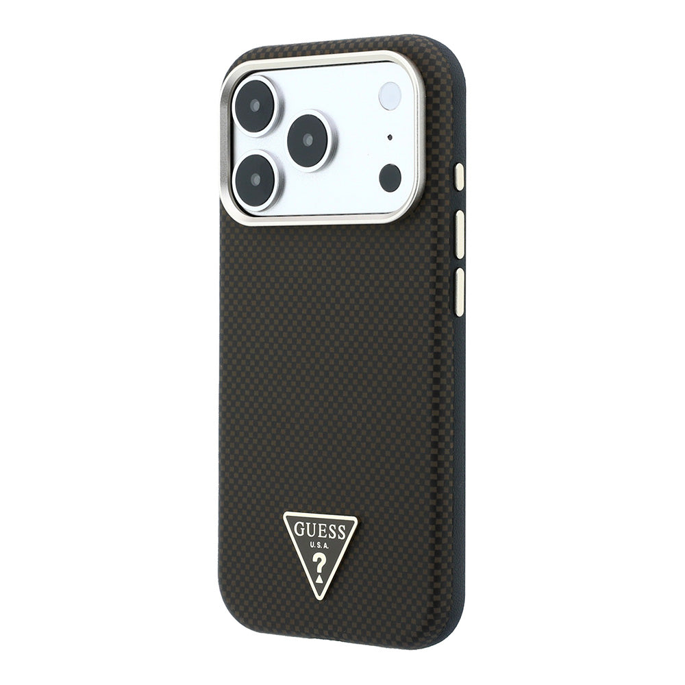 Apple iPhone 18 Pro Kılıf Guess M-safe Uyumlu Metal Üçgen Logolu Karbon Fiber Kevlar Kapak Kahverengi
