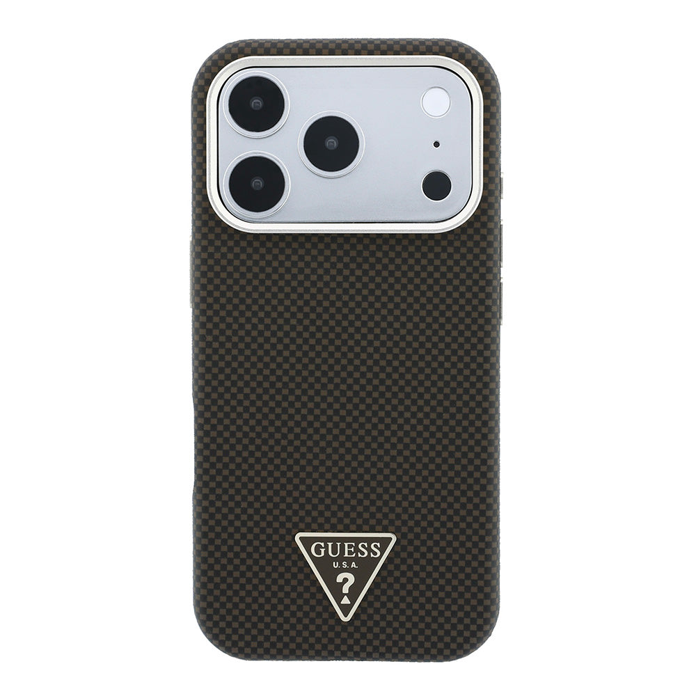 Apple iPhone 18 Pro Kılıf Guess M-safe Uyumlu Metal Üçgen Logolu Karbon Fiber Kevlar Kapak Kahverengi